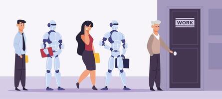 Human and robot recruitment. People and artificial intelligence standing in job interview line, employment competition vector illustration