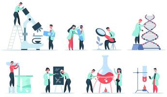 Laboratory scientist. Science research, clinic microbiology, pharmaceutical, biochemical and DNA experiments isolated vector illustration set