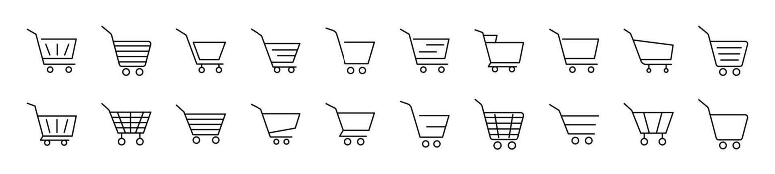 Collection of thin line icons of shopping cart. Editable stroke. Simple linear illustration for web sites, newspapers, articles book vector