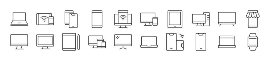 Pack of linear symbols of computers, phones, laptops. Editable stroke. Linear symbol for web sites, newspapers, articles book vector