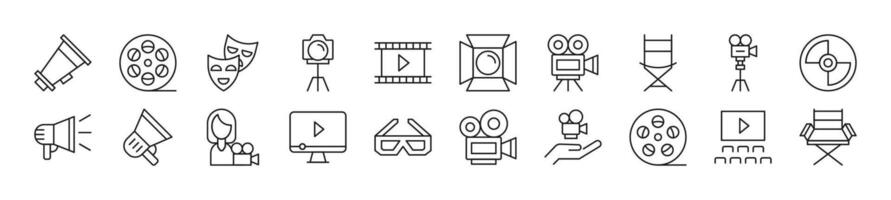 Pack of line icons of movie. Editable stroke. Simple outline sign for web sites, newspapers, articles book vector