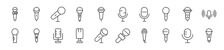 Collection of thin line icons of microphone. Editable stroke. Simple linear illustration for web sites, newspapers, articles book vector