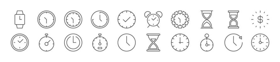 Clock as time linear vector icons collection. Editable stroke. Simple linear illustration for web sites, newspapers, articles book