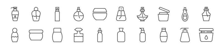 Bundle of linear symbols of cosmetic bottles. Editable stroke. Linear symbol for web sites, newspapers, articles book vector