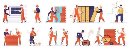 Building construction workers. Professional engineers, builders, mason, carpenter and handyman working. Technician workers vector illustration set