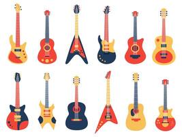 Musical guitar. Acoustic, electric rock and jazz guitars, retro strings guitars, music band instruments vector illustration set