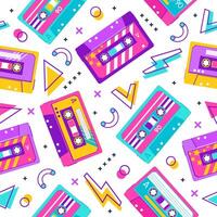 Retro cassette pattern. Seamless vintage memphis 90s party pattern, music mix audio cassette, analogue 80s stereo audiocassette vector background