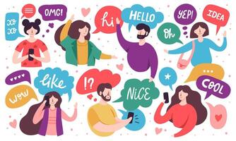 Chatting characters. Social networking, people chatting, virtual relationships and business chat. Communicating characters vector illustrations