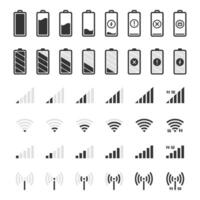 batería y conexión iconos teléfono inteligente cargar nivel, Wifi y gsm señal fortaleza, batería energía lleno y vacío estado ui elementos vector aislado íconos colocar. Internet acceso punto icono colección