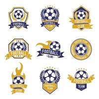 Football team labels. Soccer ball club logo, sport leagues championship stickers, football competition shield emblems vector isolated icon set