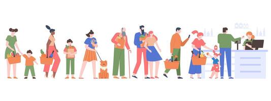 People grocery queue. Characters crowd waiting in cashier line, customers in supermarket, grocery store long queue vector isolated illustration