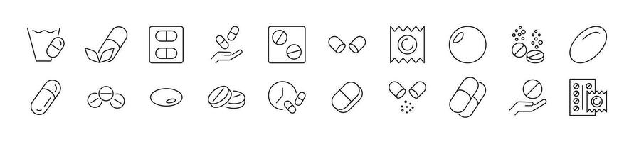 Medications, pills, drugs line icons collection. Editable stroke. Simple linear illustration for web sites, newspapers, articles book vector