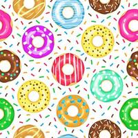 Cartoon donuts pattern. Seamless glazed and sprinkled donuts backdrop, pink, yellow glazed chocolate donut. Sugar icing donuts vector background