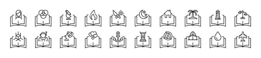 Pack of line icons of items over books. Editable stroke. Simple outline sign for web sites, newspapers, articles book vector