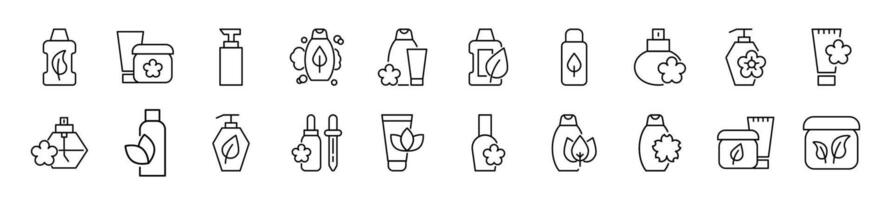 Collection of thin vector images of various cosmetic bottles. Editable stroke. Simple line icon for web sites, newspapers, articles book