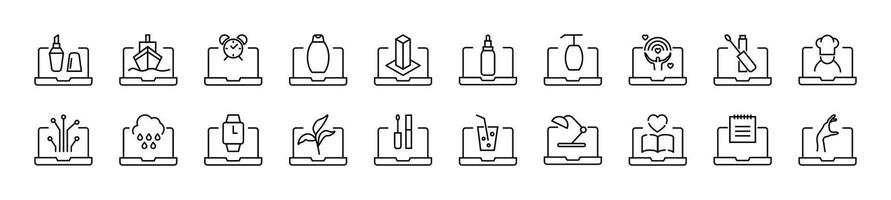 Set of thin line icons of items on laptop. Editable stroke. Simple linear illustration for web sites, newspapers, articles book vector