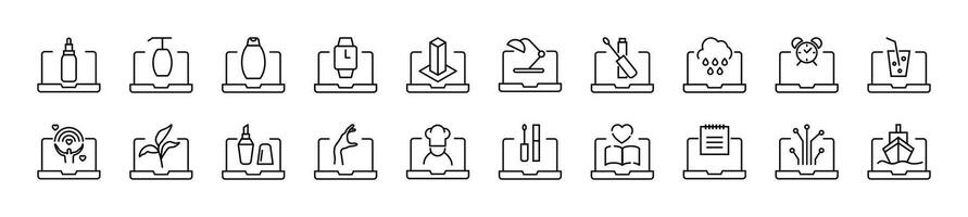 Collection of outline symbol of items on laptop. Editable stroke. Simple linear illustration for stores, shops, banners, design vector