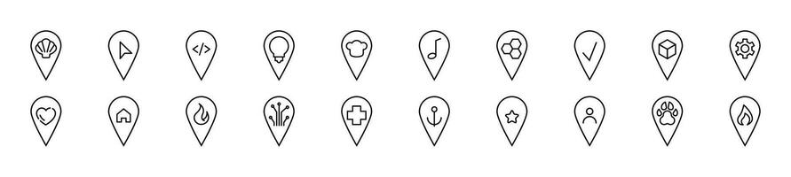 Collection of thin line icons of map pin. Editable stroke. Simple linear illustration for web sites, newspapers, articles book vector