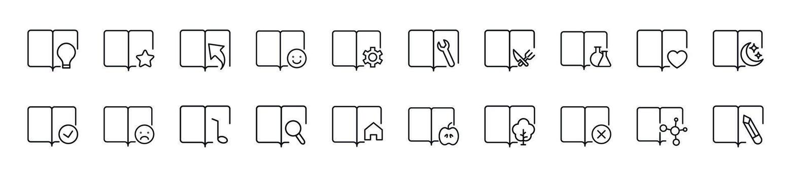 colección de Delgado línea íconos de libros con varios elementos. editable ataque. sencillo lineal ilustración para web sitios, periódicos, artículos libro vector