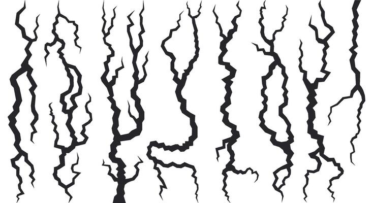 Earthquake wall cracks. Cracked destroy surface, damaged craquelure effect ground. Broken cracking wall elements isolated vector illustration set
