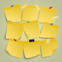 Yellow paper notes. Note memo stickers, remind sticky business paper, notice post it pin note isolated vector illustration icons set