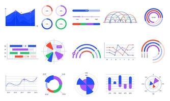 Graph charts. Colorful diagrams, statistics dashboard chart and infographic elements vector set. Stock market analytics, financial audit infochart isolated on white background. Sales rate monitoring