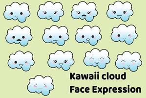 conjunto de emoji en forma de nube con un estado de ánimo diferente. Emoticones de nubes lindas kawaii y expresiones de caras de emoji de anime japonés. vector