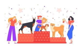 Dog show award. Female owner holding trophy golden goblet, dogs winning prize on pet show, dogs exhibition and pedestal rewarding colorful vector illustration. Pet owners competition concept