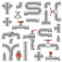 tubería construcción. agua tubo secciones, industrial tubo tubería ingeniería, tubo construcción con giratorio perillas y contadores vector íconos conjunto