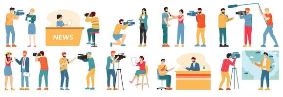 Journalist characters. Reporters, news presenter and videographers, tv show hosts characters interviewing people isolated vector illustration set