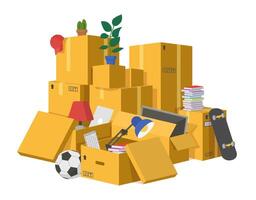 Moving boxes. Delivery cardboard boxes pile, stacked carton packaging box with new home moving goods, delivery open boxes vector illustration