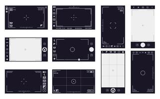 Camera viewfinder frames. Camcorder interface, cam screen with recording time and video quality. Camera digital interface vector illustrations