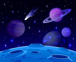 Cartoon space landscape. Cosmic planet surface, futuristic celestial bodies landscape, galaxy stars and comets view vector background illustration