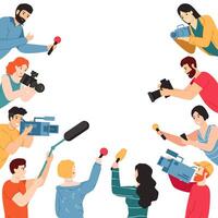 Press conference. Journalist characters with microphone, camera and voice recorders, mass media interview, press conference vector illustration