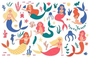 Cute mermaids. Princess mermaid characters, hand drawn magic fairy underwater, marine life, mermaid girls and sea elements vector illustration set