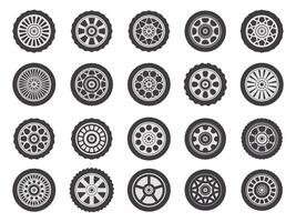 Car wheel rims. Automobile vehicle rubber wheel tires, auto tire tread tracks, auto race rubber wheels tires vector illustration icons set