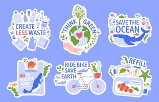 Ecology protecting. Save the environment, zero waste, save the ocean and recycle concept vector illustration icons set. Green peace, anti plastic. Eco action, reusing. Ecological stickers with slogans