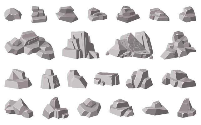 Rocks and stones. Granite mountain pebble, grey stone heap, stone gravel rock isolated vector illustration icons set
