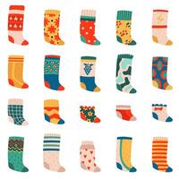 Cute socks. Colorful funny cotton socks, warm textile trendy clothes, doodle elastic striped and dotted socks vector illustration symbols set