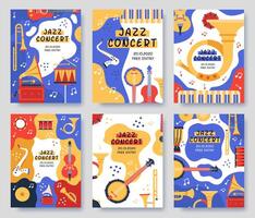 Music festival posters. Musical party or event music instruments abstract banner, jazz concerts invitation brochure, vector illustration set