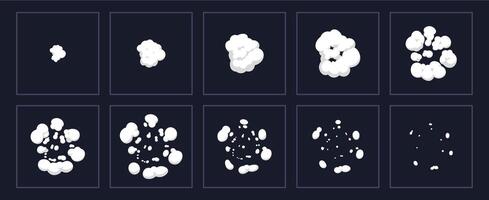 Smoke explosion animation. Cartoon explosion animated shot, explode clouds frames. Exploding effect storyboard isolated vector illustration set