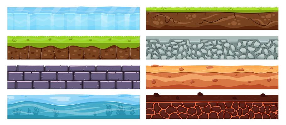 Landscape grounds. Cartoon dirt clay, archeology soil layers, dirt texture with buried stones, grass, landscape elements vector illustration set