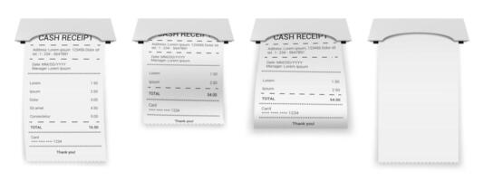 Realistic ATM bills. Paper printed bill or bank invoice transaction, financial 3D paper check, printed cash receipt vector illustration icons set