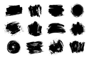 Graphic texture elements. Grunge stroke, artistic texture brush strokes, dirty line design element vector isolated set. Different black swatches on white background. Messy blots and spots