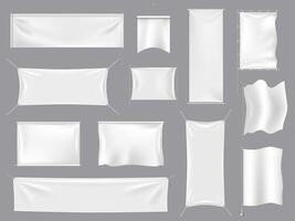 Fabric realistic flag mockups. White textile banners and 3d canvas signboard, empty blank flags template isolated vector illustration mockups set