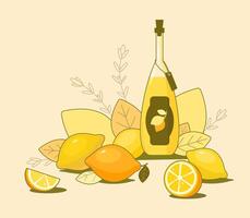 Bottle of fresh homemade lemonade. Bottle of tasty limoncello. Still life food with fresh juicy bright lemons. Liquor vector