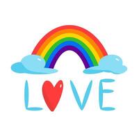 Stylized illustration with Rainbow, heart, clouds and lettering love. vector