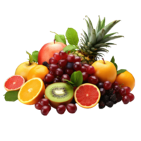 ai gerado fresco verão frutas com maçã, uvas, bagas, pera e damasco. em transparente fundo png