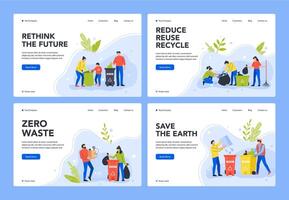 Waste separation and recycle. Environment care, people sort garbage in containers for recycling to stop pollution and preservation of environment landing page template. Rubbish sorting webpage design vector