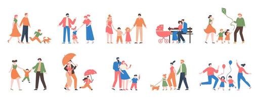 Family walking. Relatives people outdoor, mom, dad and kids at walk, have fun together, active lifestyle of cute family vector illustration set